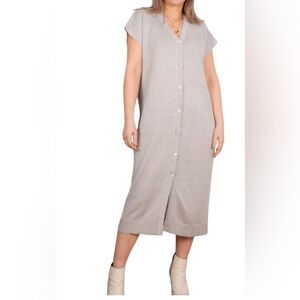KINROSS CASHMERE BUTTON FRONT DRESS FLAX TAUPE V-NECK LINEN WOVEN